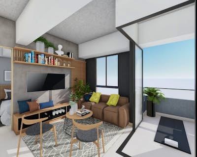 una sala de estar con buena ventilación natural, espacio en el armario, grandes ventanales