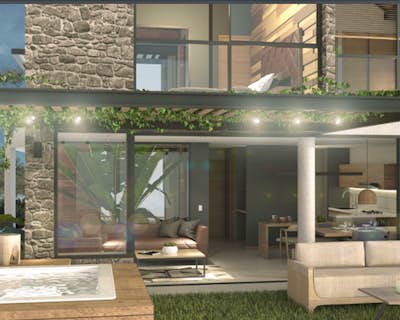 un moderno balcón con piscina, buena ventilación natural, grandes ventanales