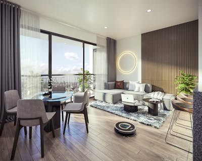 una moderna sala de estar con muebles, buena ventilación natural