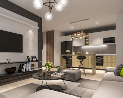 una moderna sala de estar con gabinetes brillantes, muebles