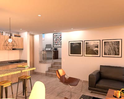 una sala de estar con buena ventilación natural, zona de estar, armarios brillantes
