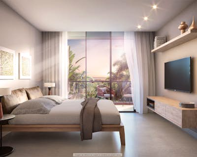 un dormitorio moderno con buena ventilación natural, muebles