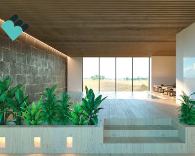 un balcón con piscina, buena ventilación natural, zona de estar, ducha y aseo