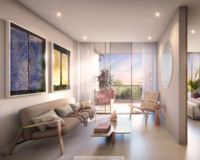 una moderna sala de estar con buena ventilación natural, grandes ventanales