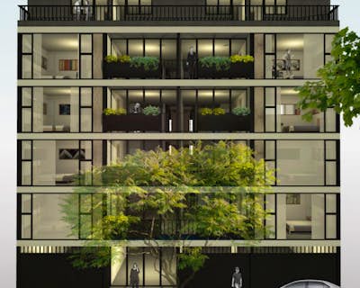 un moderno edificio en blanco y negro con grandes ventanales, buena ventilación natural