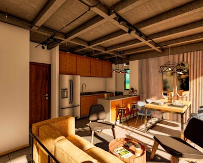 una sala de estar con buena ventilación natural, zona de estar, puerta de madera