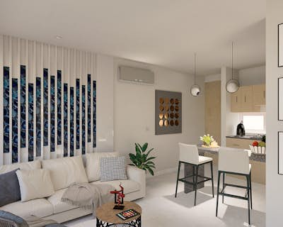 una moderna sala de estar con buena ventilación natural, muebles