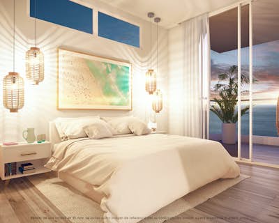 un dormitorio con mesa y lámpara, buena ventilación natural, puerta de madera