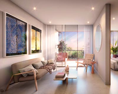 una moderna sala de estar con buena ventilación natural, grandes ventanales