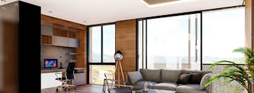 una sala de estar con buena ventilación natural, armarios brillantes, muebles