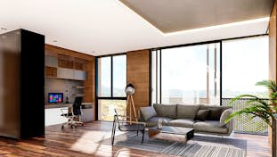 una sala de estar con buena ventilación natural, armarios brillantes, muebles