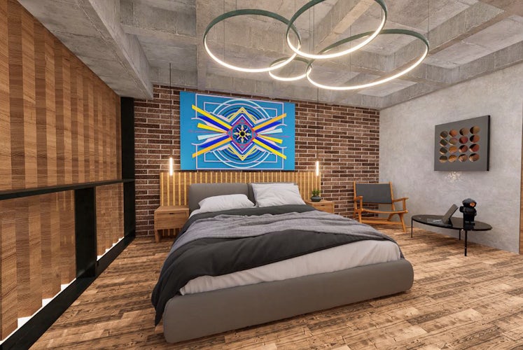 un dormitorio moderno con buena ventilación natural, espacio en el armario