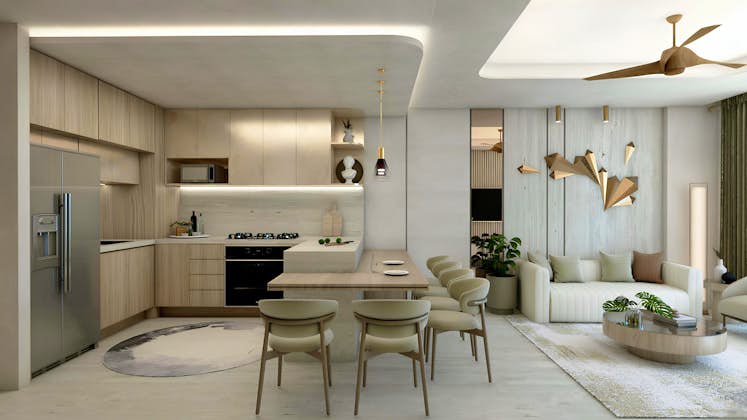 una cocina espaciosa y lujosa con gabinetes brillantes